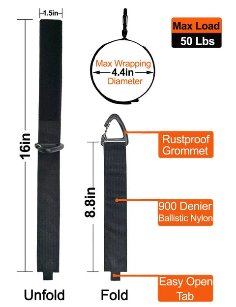 Extension Cord Organizer With Carabiner 8 Pack For Garage And Shop Storage showing dimensions and features