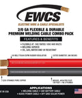 Two Zero Gauge Premium Extra Flexible Welding Cable For 600 Volt Systems Red And Black Combo Pack Ten Feet Of Each Color Made In The USA Sunlight Resistant Water Resistant Built Tough Highly Flexible Copper Core, featuring red and black cables with detailed specifications and American flag.