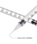 1ml 31G 5/16 Inch Syringes Pack 30, Individually Wrapped for Lab Use, close-up of marked needle and barrel