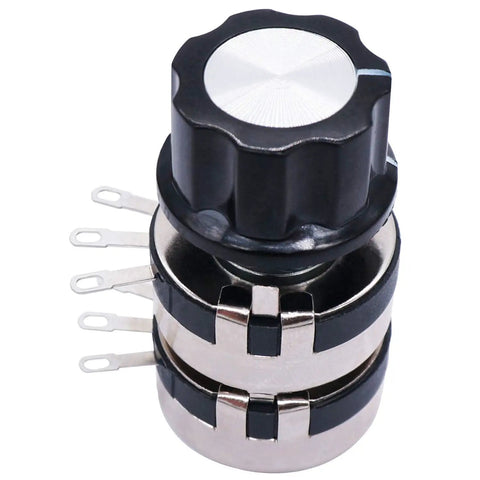 WTH118 2W 100K Ohm Dual Gang Carbon Film Potentiometer Top Adjustment Rotary Potentiometer with A03 Knob, six terminals