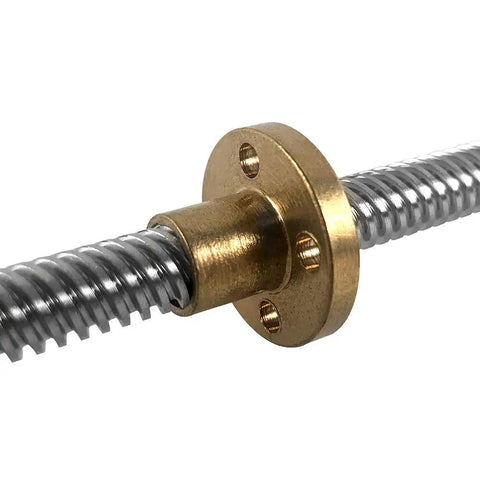Close-up of Two Pack T8 600mm Lead Screw With Brass Nut For 3D Printers, 8mm Diameter, 2mm Pitch, 4 Starts Acme Thread, 304 Stainless Steel Rod