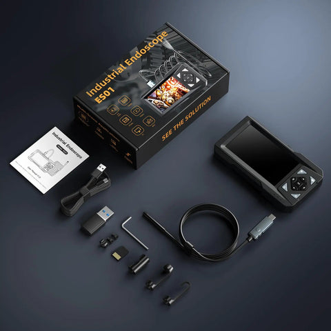 1080P Endoscope Camera With Light For Tight Spaces Pro Grade Industrial Borescope With Built In LED Illumination Clear Visuals For Engine Bays Drains And Wall Cavities Includes 32GB Card, box contents