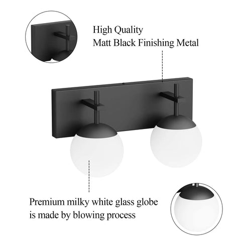Matte Black Two Light Bathroom Wall Light Fixtures With Milky Glass Globes showing matte finish and glass detail