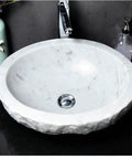 Durable Modern Oval Marble Vessel Sink Handcrafted From Real Natural Stone Above Counter Bathroom Vanity Bowl with polished surface.