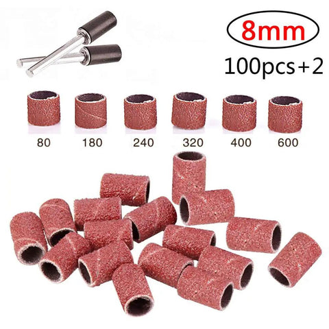 Kickass One Hundred Piece Drum Sanding Kit With Hella Efficient One Eighth Inch Mandrels And Polishing Bands For Rotary Tool Metal Derusting and Smooth Grinding Finish That Will Crush Any Surface Prep Job, featuring various grit sanding drums.
