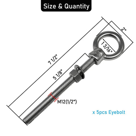 Two Pack Heavy Duty Eyebolts One Half Inch By Five And One Eighth Inch With Nuts And Washers 316 Stainless Marine Grade Threaded