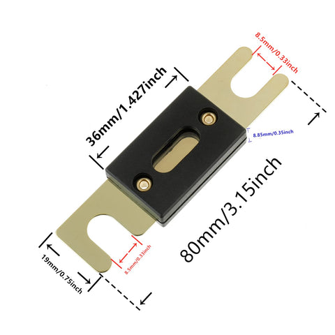 ANL Blade Fuse 150 Amp 32 VDC Set For Car Audio And Video System, dimensions, heat resistant gold plated