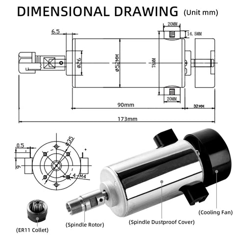 Dimensional drawing of 300W CNC Spindle Upgrade Kit for Masuter 4040 Pro and 3018SE V2 with ER11 collet and cooling fan.