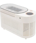 Quick Chill Portable Ice Cube Maker For Home Or Car, slick white compact build with rapid freeze tech, side view.