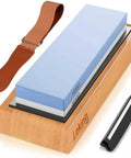 Dual Grit Knife Sharpener Whetstone Set With 1000/6000 Grit Bamboo Base, showing stone, leather strop, and angle guide