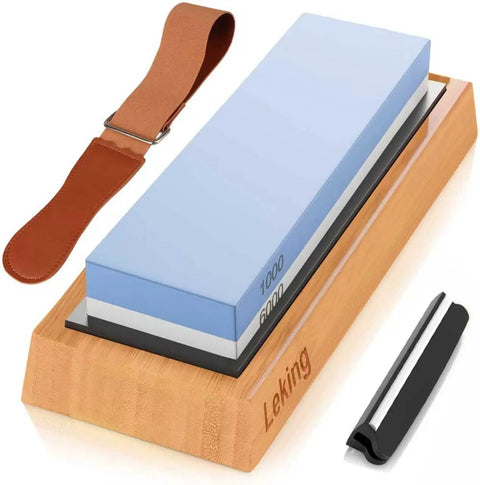 Dual Grit Knife Sharpener Whetstone Set With 1000/6000 Grit Bamboo Base, showing stone, leather strop, and angle guide