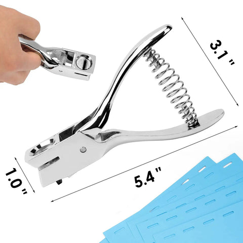 One Slot Badge Punch For ID Cards, Grab And Go Handy Metal Slot Puncher With 15mm By 3mm Hole, spring loaded, chrome finish, dimensions shown