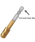 Carbide burr bit; close-up view with 1/4 in hex shank, gold-colored double-cut tungsten carbide head