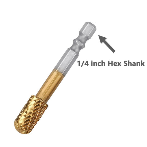 Carbide burr bit; close-up view with 1/4 in hex shank, gold-colored double-cut tungsten carbide head