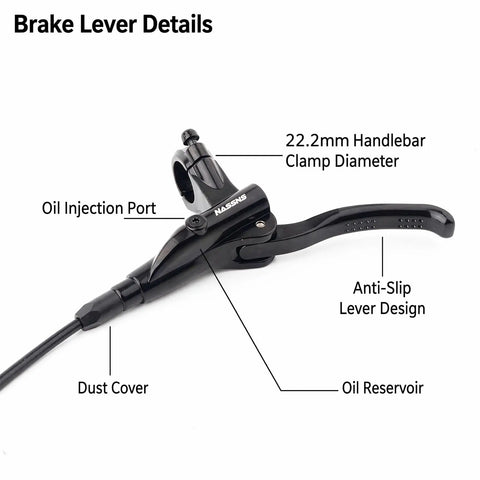 Complete Hydraulic Disc Brake Conversion Kit For Mountain Bikes With Two Ventilated Steel Rotors And Heavy Duty Metal Levers showing lever details with oil injection port.