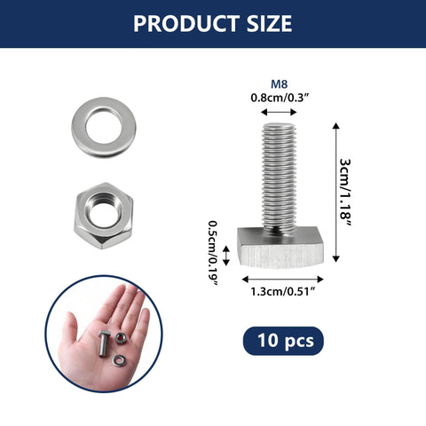 Heavy Duty 10 Pack M8 X 25mm Stainless Steel T Slot Bolts for Roof Rack Cross Bars with dimensions shown
