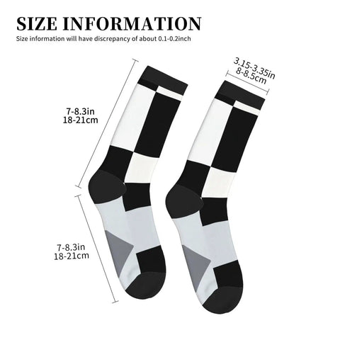Fresh Black And White Grid Pattern Ankle And Crew Socks Men Women Unisex Athletic Daily Workout Breathable Polyester Blend showing size info.