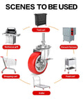 Heavy Duty Stem Casters With Brakes Swivel Wheels Set Of Four Locking Threaded Stem Casters Three Eighths Inch 16 UNC by One and One Half Inch for High Load Capacity Up To 600 Lbs Durable Steel Housing And Side Locking Brake shown with various equipment requiring mobility, like shopping carts and tool carts.