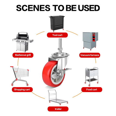 Heavy Duty Stem Casters With Brakes Swivel Wheels Set Of Four Locking Threaded Stem Casters Three Eighths Inch 16 UNC by One and One Half Inch for High Load Capacity Up To 600 Lbs Durable Steel Housing And Side Locking Brake shown with various equipment requiring mobility, like shopping carts and tool carts.