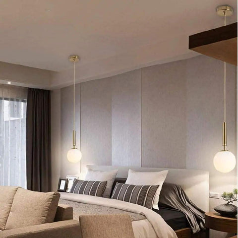Bedroom showcasing Plug In Globe Pendant Light With Frosted Glass Ball Shade, Easy To Install Ceiling Pendant For Dining Room, Bedroom Or Hallway, 17 Foot Cord, Soft Warm Glow For Cozy, Romantic Ambience And Modern Style
