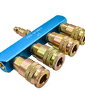 Aluminum Rectangular Manifold Kit With Four Quarter Inch Steel Industrial Couplers And One Quarter Inch Steel Plug Ready To Roll