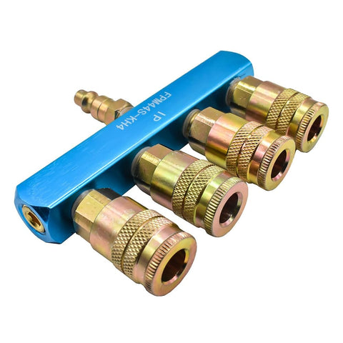 Aluminum Rectangular Manifold Kit With Four Quarter Inch Steel Industrial Couplers And One Quarter Inch Steel Plug Ready To Roll