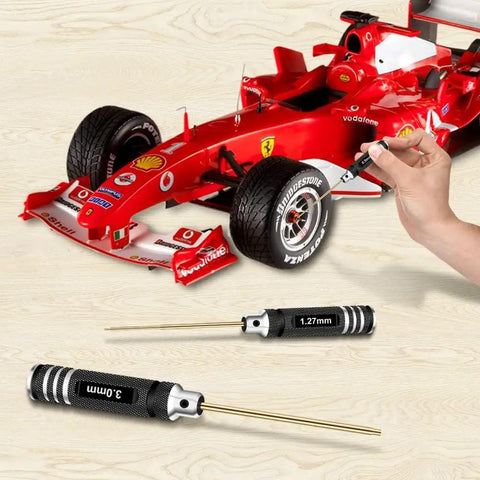 RC car with person using 7 Piece Titanium Hex Driver Set For RC Cars, Drones, And Multi Axis Helis With Allen Wrenches, Pro Grade Hex Keys From 0.9mm To 3.0mm
