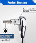 Close-up of the ratchet handle with a Torx socket attached, part of the 13 Piece Torx Socket Set T8 To T60 With One Quarter Inch Three.
