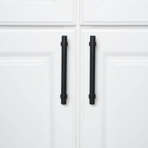 Flat Black Straight Bar Cabinet Handles Set 6.63 Inch Length With 5 Inch Hole Center No Fuss Pro Kitchen Cabinet Pulls on white cabinets