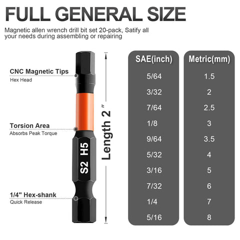 Diagram of 2-inch S2 H5 hex bit from 20 Piece Hex Bit Set With 1 Quarter Inch Hex Shank Magnetized S2 Alloy Steel Bits For Impact Drills