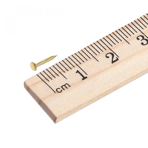 Slick Gold Plated Carbon Steel Mini Nails 1X8MM next to a ruler for size reference, ideal for DIY woodcraft projects.