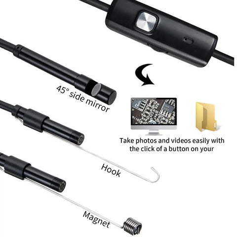 Super Handy 7mm Endoscope Camera Borescope With Six LED Lights For Android And Windows USB Inspection Tool IP67 Waterproof One Meter Cable For Pipes Drains And Industrial Inspections, with 45° mirror, hook and magnet attachments