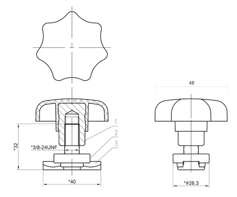 Technical diagram of L Track Double Lug Threaded Stud Fitting With Knob Set Of 4 for heavy duty mounting, dimensions labeled