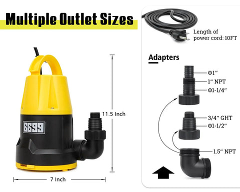 Submersible Sump Pump 1/2HP Portable Water Pump 2500GPH with adapters and 10 ft cord, showing size and outlet options.