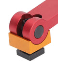 Precision Adjustable Vise Stop Locator For CNC Mill And Lathe Work Tables close-up showing red and orange components for precise adjustments.