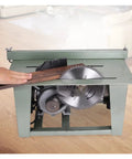 Featherweight Mini Table Saw For Woodworking With Sturdy Metal Base And Killer 3800 Rpm Action, cutting wood on benchtop.