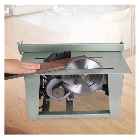 Featherweight Mini Table Saw For Woodworking With Sturdy Metal Base And Killer 3800 Rpm Action, cutting wood on benchtop.