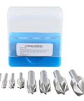 82 Degree 6 Flute HSS Countersink Set, 8 Pack, Precision Ground Countersinks, Sizes From One Quarter Inch To One Inch in case