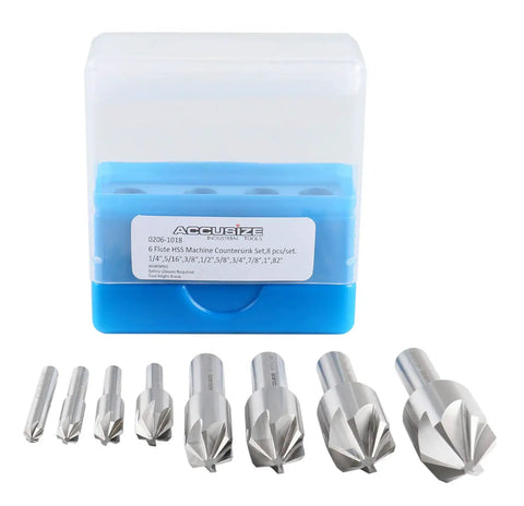 82 Degree 6 Flute HSS Countersink Set, 8 Pack, Precision Ground Countersinks, Sizes From One Quarter Inch To One Inch in case