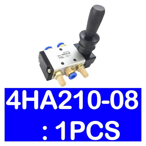 Five Way Pneumatic Air Valve With Hand Lever, 1/4 Inch Inlet, Five Port, Aluminum Body, Image of Valve with Model 4HA210-08