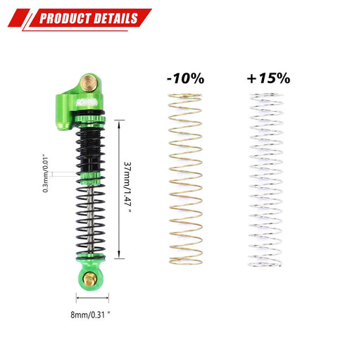 Beefed Up Aluminum Oil Filled RC Shocks for Axial AX24 XC1 4WS 1 24 Scale showing green shock with extra springs