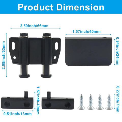 Glass Door Magnetic Catch And Pivot Hinge Kit In Black, 7-Piece Set dimensions with 4 stainless screws and black fittings