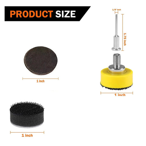 Check Out This Awesome 1 Inch Sanding Discs Kit with Pad Set For Rotary Tool Featuring Peel Switch Backing Plus Dust Venting Holes And Uniform Scratch Finish For Super Clean Work In Just Seconds showing product size and components.