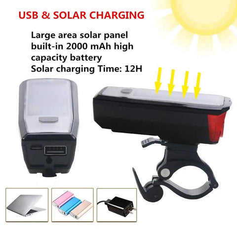 Solar Powered USB Rechargeable Bike Front Light With 350 Lumens 5 Modes All Weather Waterproof Mountain Bike Headlamp Plus 120dB Electric Bell Horn For Road Cycling Safety Go To Gear