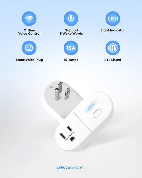 Offline Voice Control Wall Plug With 30 Plus Commands No WiFi No App No Setup Smart Outlet Extender For Home And Office Sleep And Wake Timer ETL Listed, white plug with LED indicator