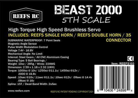 Label for Beast 2000 1 5th Scale RC Servo With Aluminum Horns Submarine Waterproof 7 Point Seal Magnetic Angle Sensor High Torque PWM Control SEHREEFS103 For RC Cars Boats Planes featuring specs and barcode