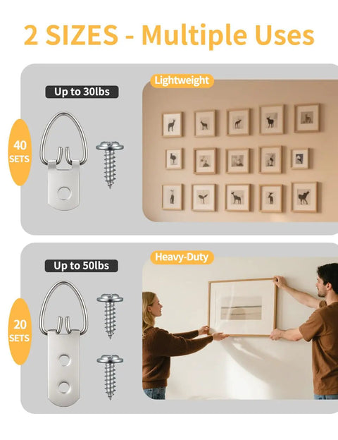 140 Piece Rock Solid D Ring Picture Hanger Screw Kit With Single And Double Hole D Rings For Hanging Heavy Frames Mirrors Canvas Wall Art With Easy Mounting Hardware For Quick Room Glow Up, showing lightweight and heavy-duty options.