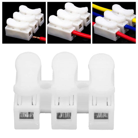 Pro Grade Heavy Duty Quick Connector Cable Clamp Terminal Block with spring steel contacts, side view with wires connected