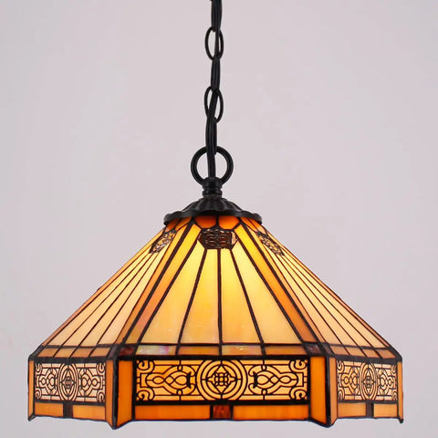 Lit Tiffany Style Pendant Light Hardwired Yellow Hexagon Stained Glass 12 Inch Mission Hanging Lamp S011 Series