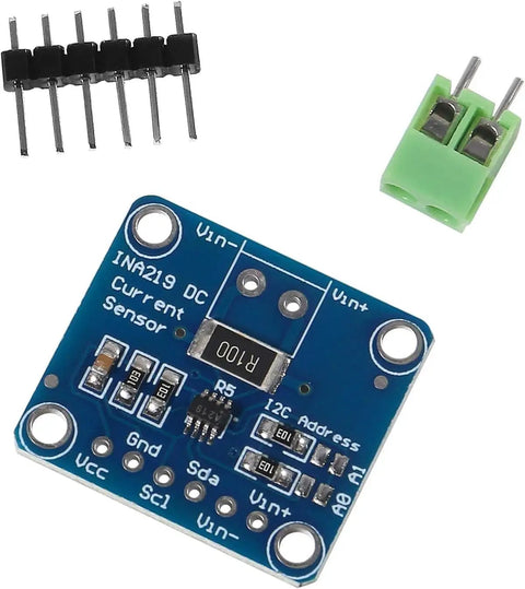 4 Pack I2C Bi Directional DC Current Power Sensor Breakout Module For Arduino And Raspberry Pi High Precision Current And Power Monitor 3 To 5V Compatible SOT23 Footprint Easy Plug And Play showing blue PCB with pins and terminal block.